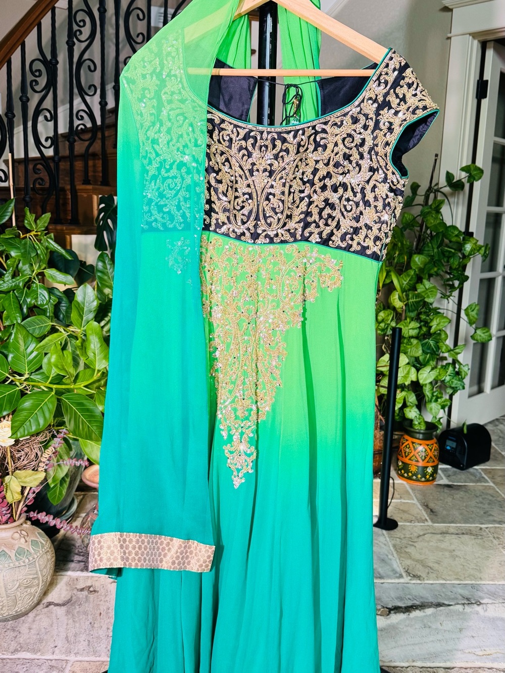 Gorgeous luxury Embellished Green Ombre Anarkali Dress with Gold Accents